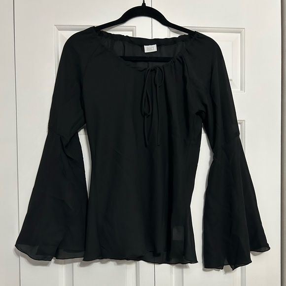 Suzy Shier Tops - Vintage Y2K Whimsigoth Suzy Shier Black Sheer Blouse Flowy Bell Sleeves Tie Neck